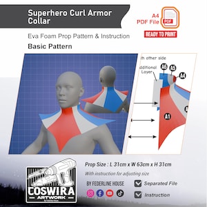 Op de afbeelding: Digitaal patroon voor een Superhero Curl Armor Collar, met rode, witte en blauwe secties. De afbeelding toont een 3D-model dat de kraag draagt, met afmetingen van ongeveer 31 cm lang, 63 cm breed en 31 cm hoog. Het patroon is klaar om af te drukken.