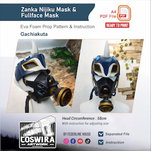 以下が含まれることがあります： GachiakutaのZanka Nijikuおよびフルフェイスマスク用EVAフォーム型紙と説明書セット。マスクは青、白、金のデザインで、中央の角と黒い呼吸器型フィルターが特徴です。頭囲は58cmです。