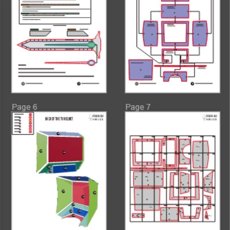 May include: A collection of four pages from a technical document. The pages feature diagrams and schematics with red, green, blue, and gray elements. Page 6 shows a 3D model of a helmet. Page 7 displays a grid with cut-out shapes.