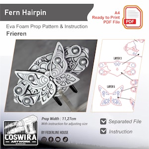 May include: A silver fern hairpin with intricate details, displayed with a pattern and instructions. The prop width is 11.27cm. The image includes the text "Fern Hairpin" and "Ready to Print PDF File".