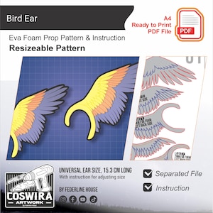 May include: A digital PDF pattern for bird ears, featuring a colorful design with yellow, orange, and purple hues. The pattern is resizeable and includes instructions. The universal ear size is 15.3 cm long.