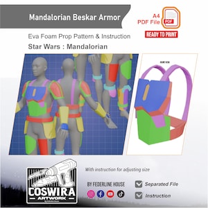 May include: A digital pattern for Mandalorian Beskar armor, featuring an Eva foam prop pattern and instructions. The image shows a 3D model of the armor in various colors, along with a backpack design. The text includes "READY TO PRINT" and "Star Wars: Mandalorian."
