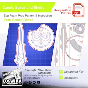 May include: Eva foam prop pattern and instruction for a Caenis Spear and Shield from Fate Grand Order. The spear is 200cm long, and the shield is 50cm. Includes a ready-to-print PDF file with separated files and instructions.