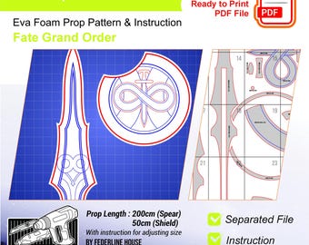 May include: Eva foam prop pattern and instruction for a Caenis Spear and Shield from Fate Grand Order. The spear is 200cm long, and the shield is 50cm. Includes a ready-to-print PDF file with separated files and instructions.