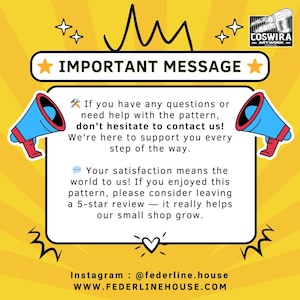 May include: A yellow graphic with the text "IMPORTANT MESSAGE" in a white box. The message encourages customers to contact the seller with questions and to leave a 5-star review. Includes the Instagram handle @federline.house and website address.