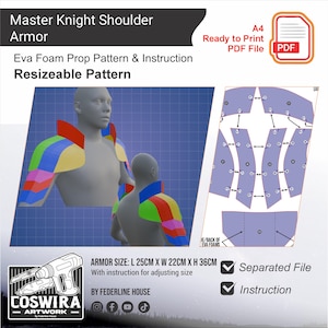 May include: A digital pattern for Master Knight shoulder armor. The image shows a 3D model wearing the colorful armor, along with a pattern layout. The armor size is L 25cm x W 22cm x H 36cm. Includes instructions and is a ready-to-print PDF file.