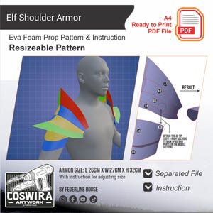 Puede incluir: Ilustración de una armadura de hombro de elfo, un patrón de utilería y un conjunto de instrucciones. La armadura se muestra en un diseño colorido sobre un maniquí. El texto dice "Resizeable Pattern" y "Armor Size: L 26cm x W 27cm x H 32cm".
