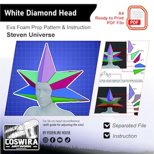 Puede incluir: Patrón digital para un accesorio de cosplay White Diamond Head de Steven Universe. El diseño presenta un tocado en forma de estrella con secciones moradas, verdes, azules y rosas. Incluye instrucciones y está diseñado para una circunferencia de cabeza de 56 cm.