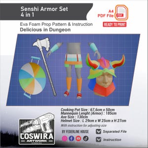 May include: A digital illustration of a Senshi Armor Set, including a shield, axe, helmet, and armor pieces. The set is designed for Eva foam prop patterns and instructions. The text "Delicious in Dungeon" is also present. The cooking pot size is 67.6cm x 50cm.