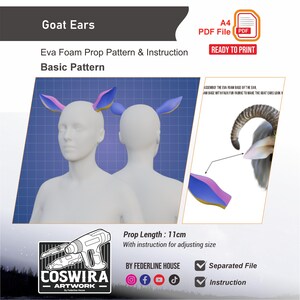 May include: A digital pattern for EVA foam goat ears, including instructions. The graphic displays two white mannequin heads wearing purple and yellow ear props, a goat horn reference, and text stating Prop Length: 11cm and A4 PDF File.