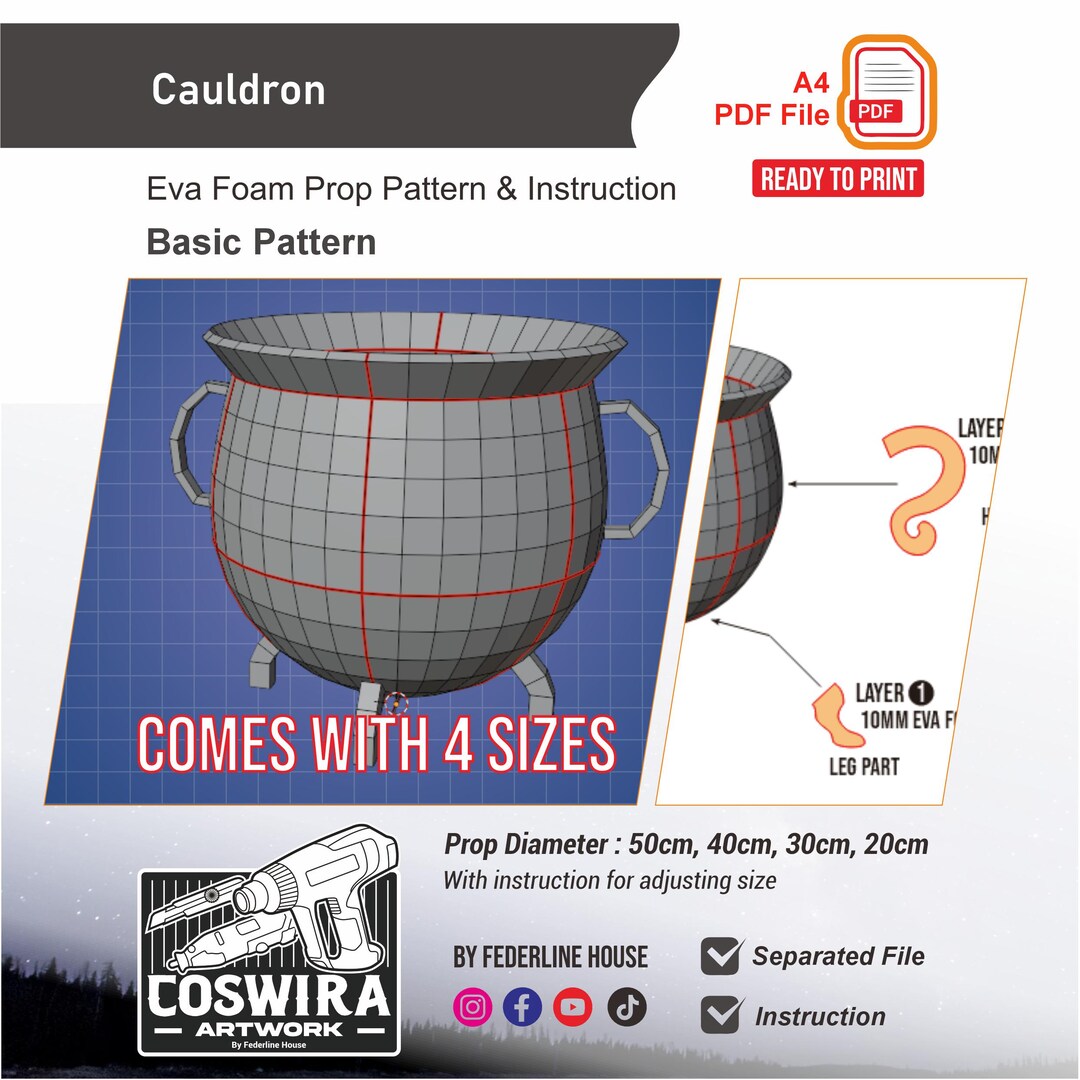 Basic Cauldron 4 Sizes EVA Foam Pattern PDF – 20cm 30cm 40cm 50cm ...