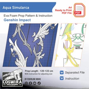 Op de afbeelding: Een blauwdruk voor een Aqua Simulacra prop uit Genshin Impact, ontworpen voor EVA-schuim. Het patroon bevat instructies en is een kant-en-klaar PDF-bestand. De prop lengte is 120-122 cm.