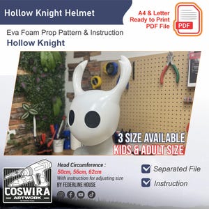 Könnte beinhalten: Ein weißer Hollow Knight Helm aus EVA-Schaumstoff mit zwei nach oben gebogenen Hörnern und zwei großen, schwarzen, kreisförmigen Augenöffnungen. Die digitale Datei enthält Anleitungen für drei Größen mit Kopfumfängen von 50cm, 56cm und 62cm.