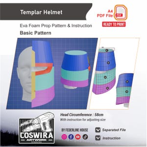 Puede incluir: Patrón digital para un casco templario de espuma EVA. La imagen muestra un modelo 3D con secciones azules, verdes y moradas, junto con instrucciones. Circunferencia de la cabeza: 58 cm. Incluye un archivo PDF A4 listo para imprimir.