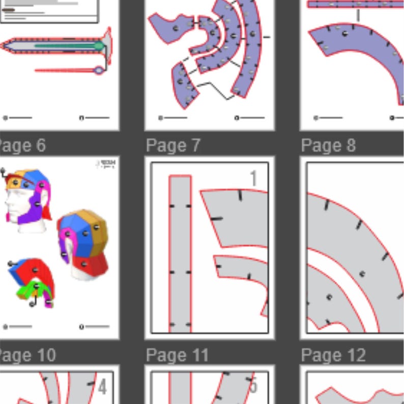 May include: A collection of pages from a pattern or template, each displaying different shapes and designs. The pages are numbered and labeled, with some featuring diagrams and outlines in red and black. The overall theme suggests a crafting or design project.