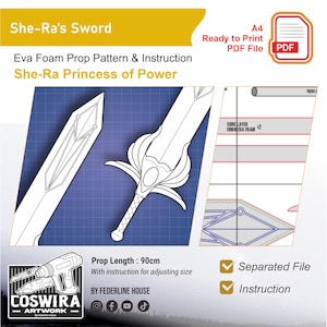 May include: A blueprint-style illustration of She-Ra's Sword, a prop pattern for Eva foam. The design includes a detailed sword outline, with a prop length of 35.4 inches. The image also includes instructions and a separated file for easy printing.
