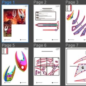May include: A collection of digital art pages featuring illustrations and diagrams. The pages display colorful character designs, weapon schematics, and other game-related elements. The artwork is vibrant and detailed, with a focus on fantasy themes.