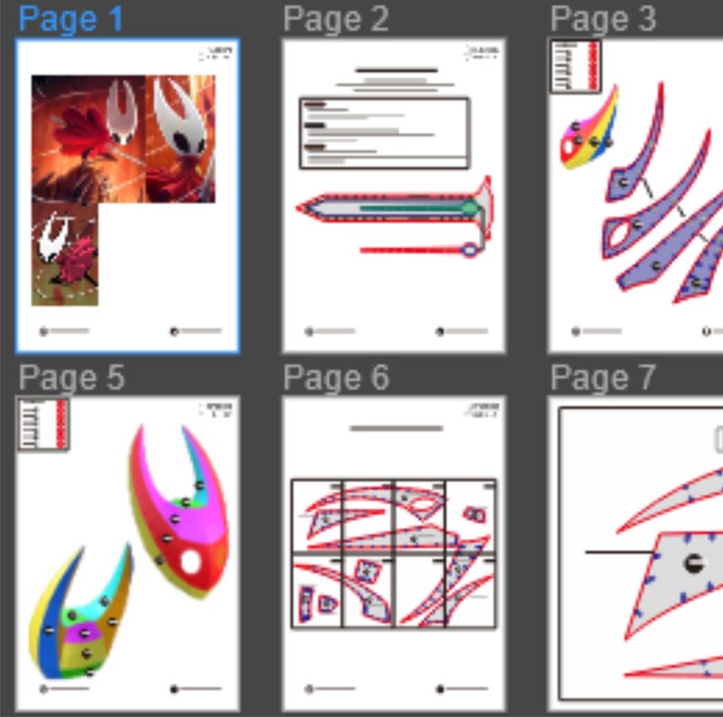 May include: A collection of digital art pages featuring illustrations and diagrams. The pages display colorful character designs, weapon schematics, and other game-related elements. The artwork is vibrant and detailed, with a focus on fantasy themes.