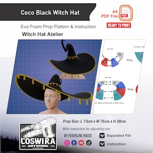 以下が含まれることがあります： 金色のタッセルが付いた黒い魔女の帽子のデジタルパターン「Coco Black Witch Hat」。A4 PDFファイルにはEVAフォームの製作手順が含まれています。完成した小道具のサイズは長さ73cm x 幅76cm x 高さ38cmで、組み立て図と3Dビューが記載されています。
