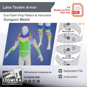 May include: A digital pattern for Laios Touden Armor, including Eva Foam Prop Pattern & Instruction. The design features a colorful, segmented armor design. The image includes a PDF file icon and the text "Ready to Print".
