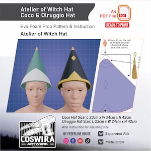 May include: Digital pattern for Coco and Olruggio witch hats. The image shows two hat designs, one green and white, the other black and gold. The pattern includes instructions and is ready to print. The Coco hat is 9 inches long, 9.4 inches wide, and 16.5 inches high. The Olruggio hat is the same size.
