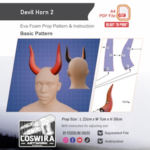 May include: A digital pattern for Devil Horns, featuring red and black horns on a mannequin head. The image includes instructions and a diagram, with dimensions of 22cm long, 7cm wide, and 30cm high. The text "Devil Horn 2" and "Ready to Print" are also visible.