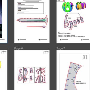 May include: Pages from a document with technical drawings and diagrams. The drawings include shapes, lines, and text, with a color palette of red, gray, and green. The pages are labeled with numbers and text, indicating they are part of a larger set of instructions.
