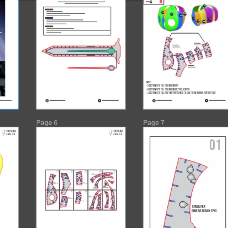 May include: Pages from a document with technical drawings and diagrams. The drawings include shapes, lines, and text, with a color palette of red, gray, and green. The pages are labeled with numbers and text, indicating they are part of a larger set of instructions.