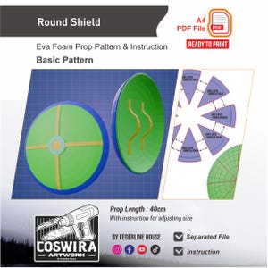 Könnte beinhalten: Ein digitales Muster für einen runden Schild, mit einem grünen und blauen Design. Das Bild enthält ein 3D-Rendering des Schildes, ein Diagramm und den Text "Round Shield" und "Basic Pattern". Die Requisitenlänge beträgt 40 cm.