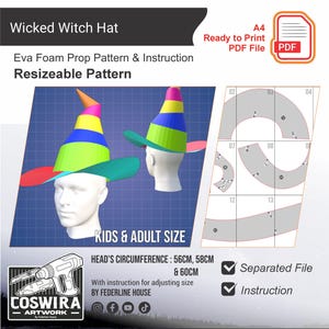 Può includere: Un modello digitale per un cappello da strega colorato, adatto a bambini e adulti. L'immagine mostra un rendering 3D del cappello con un cono e un bordo arcobaleno. Il modello è ridimensionabile e include istruzioni. Circonferenze della testa: 56cm, 58cm e 60cm.