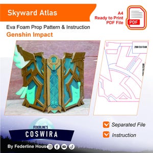 Könnte beinhalten: Ein Bild des Skyward Atlas-Requisits aus Genshin Impact, mit goldenen und türkisfarbenen Details. Das Bild enthält ein Muster und Anweisungen zur Herstellung des Requisits aus EVA-Schaum. Der Text auf dem Bild lautet "Skyward Atlas" und "COSWIRA". Das Requisit ist eine schildartige Struktur.