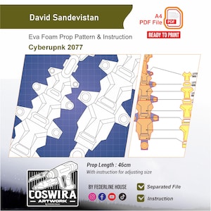 Pode incluir: Um arquivo PDF digital em formato A4 contendo um padrão de suporte de espuma EVA para um David Sandevistan de Cyberpunk 2077. Inclui instruções, um comprimento de 46 cm e arquivos separados para impressão em um fundo de grade azul.