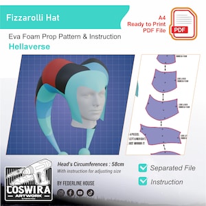 May include: A digital pattern for a Fizzarolli hat, featuring a red, black, and blue design. The image includes instructions and a head circumference measurement of 58cm. The pattern is a ready-to-print PDF file.