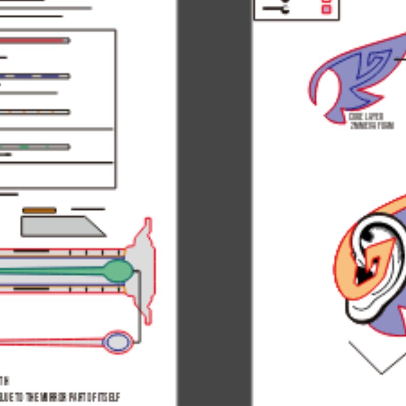 Pode incluir: Um diagrama t&eacute;cnico com formas geom&eacute;tricas e linhas em vermelho, azul, verde e cinza. O diagrama inclui texto e uma ilustra&ccedil;&atilde;o estilizada de uma orelha com elementos laranja, roxos e brancos. O texto diz "CORE LAYER INNER FORM".
