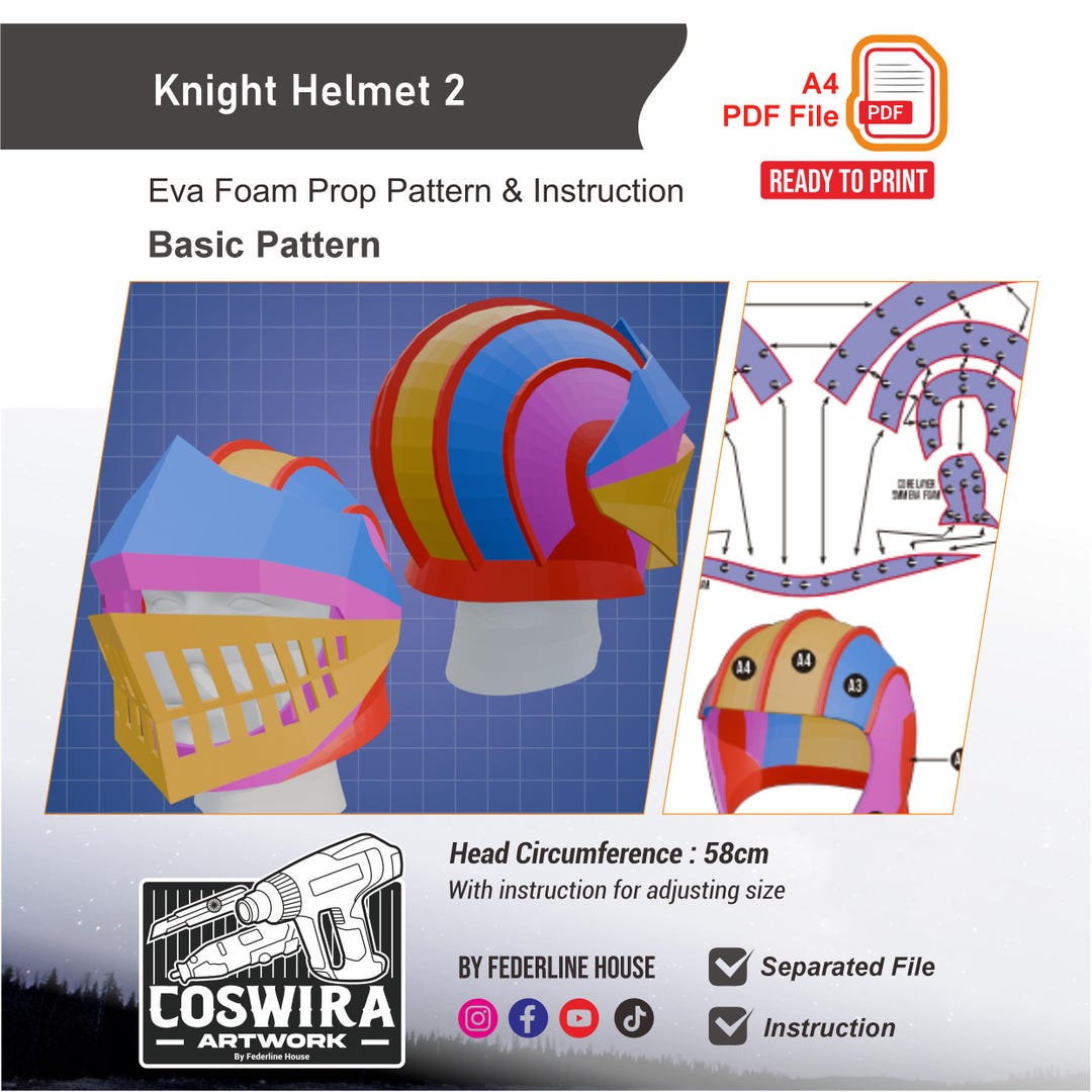 Basic Knight Helmet No. 2 Prop Pattern Template – EVA Foam Pattern for ...