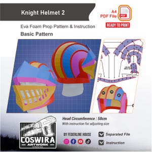 Puede incluir: Un patrón digital para un Casco de Caballero 2, con Patrón e Instrucciones de Eva Foam. La imagen muestra una representación 3D del casco en azul, amarillo, rosa y rojo. La circunferencia de la cabeza es de 58 cm. Incluye instrucciones.