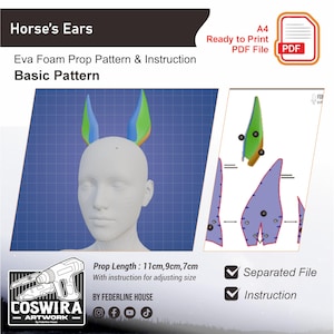Puede incluir: Un patrón digital para orejas de caballo, con una cabeza de modelo 3D con orejas azules, verdes y naranjas. La imagen incluye instrucciones y un icono de archivo PDF. El texto dice "Horse's Ears" y "Eva Foam Prop Pattern & Instruction Basic Pattern."