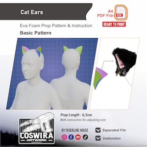 May include: A digital pattern for EVA foam cat ears, featuring a 6.5 cm prop length. The image displays a mannequin wearing the ear templates, a finished black faux fur ear with a pink interior and a small bell, and text including Cat Ears.