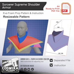 May include: A digital pattern for Sorcerer Supreme shoulder armor. The design features a red, pink, and blue color scheme. The pattern is for an armor size of 76 cm long, 33 cm wide, and 35 cm high. Includes instructions and a separated file.