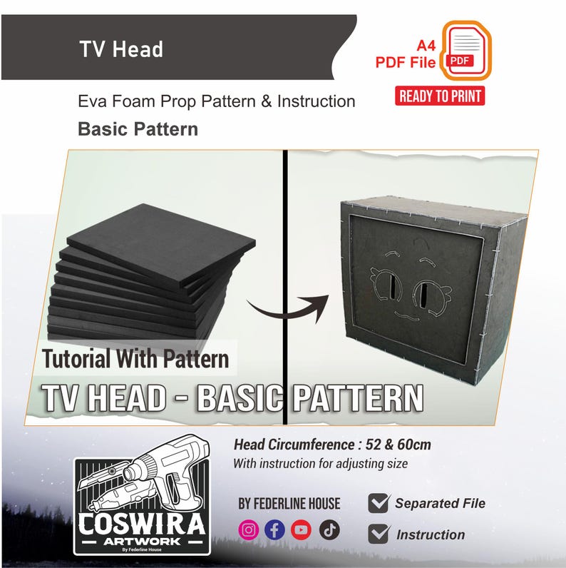 TV Head Cosplay Prop Pattern Template – EVA Foam Pattern for Cosplay & DIY Builds image 1