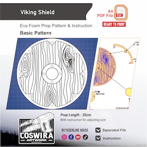 Puede incluir: Un patrón digital para un escudo vikingo, con un diseño de vetas de madera. La imagen incluye un diagrama tipo plano, instrucciones y el texto "Viking Shield" y "Basic Pattern." La longitud del accesorio es de 35 cm.