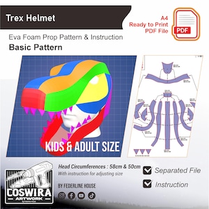 May include: A Trex helmet pattern in vibrant colours, suitable for both children and adults. The design features a dinosaur head with red, orange, green, yellow, and blue segments. The pattern is ready to print, with instructions for size adjustment. Head circumferences: 58cm & 50cm.