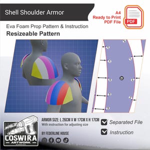 May include: Digital pattern for shell shoulder armor, featuring a colorful design. The image includes a 3D model wearing the armor, and a pattern layout. Armor size is 10.2 inches long, 6.7 inches wide, and 6.7 inches high. Includes instructions and a separated file.