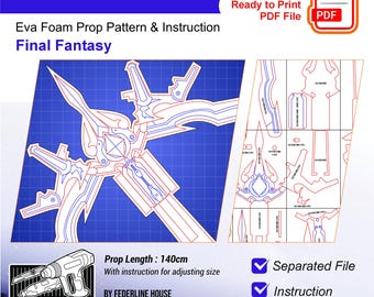 May include: A blueprint-style digital pattern for a Serah Farron Bow, designed for Eva foam prop creation. Includes instructions and a separated file. The bow's prop length is 140cm.