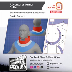 May include: An image of an Adventurer Armor Collar pattern. The pattern includes a red and blue collar design, with a diagram and instructions. The prop size is 28cm L x 39cm W x 21cm H. The image also includes the text "READY TO PRINT".