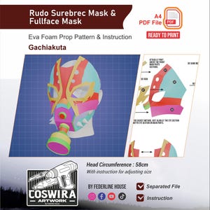May include: A colorful Rudo Surebrec full-face mask design, with a head circumference of 58cm. The mask is made of Eva foam and includes instructions. The design features a combination of red, yellow, blue, and pink colors. The image also includes a PDF file ready to print.