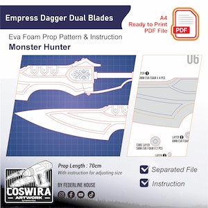 Può includere: Progetto per le doppie lame Empress Dagger, un accessorio di Monster Hunter. Include modello e istruzioni per la costruzione in gomma EVA. La lunghezza dell'accessorio è di 70 cm. File PDF pronto per la stampa.