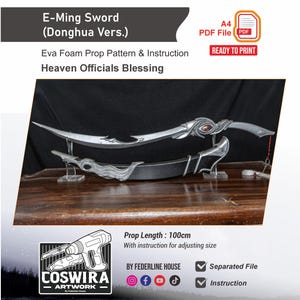 Peut inclure: Une épée E-Ming argentée et noire, de 100 cm de long, avec une gemme rouge au centre. L'accessoire est en mousse Eva et est livré avec des instructions. Le texte sur l'image dit "Heaven Officials Blessing".
