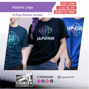 May include: Three t-shirts with the "Huntrix" logo and text, in navy, black, and blue. The logo is a geometric design with a gradient of colors. The text "K-Pop Demon Hunter" is above the shirts. The image also includes text that says "READY TO PRINT" and file format information.