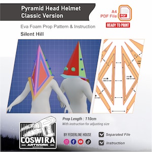 Könnte beinhalten: Digitales Muster für einen Pyramid Head Helm, eine klassische Version von Silent Hill. Das Bild zeigt zwei Figuren, die die Helme tragen, mit einer Prop-Länge von 110 cm. Enthält eine A4 PDF-Datei, druckfertig.